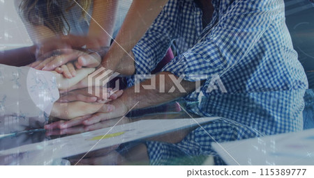 Image of data processing over diverse business people teaming up 115389777