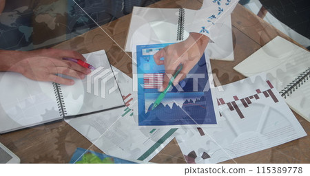 Image of data processing over diverse business people with documents 115389778