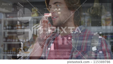 Image of data processing over caucasian businessman talking on smartphone Image of data processing over caucasian businessman talking on smartphone 115389786