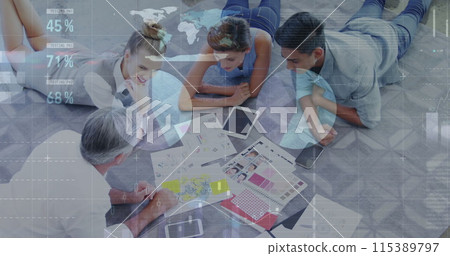 Image of data processing over diverse business people discussing work 115389797