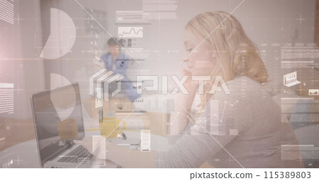 Image of data processing over caucasian businesswoman talking on smartphone Image of data processing over caucasian businesswoman talking on smartphone 115389803