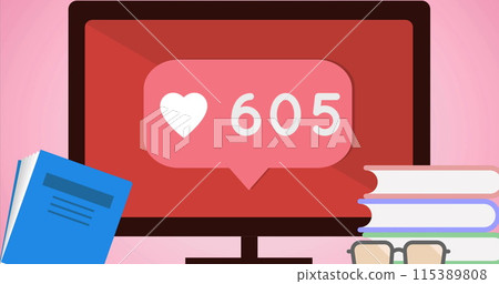 Image of media icons over computer Image of media icons over computer 115389808