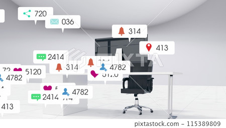 Image of media icons over office Image of media icons over office 115389809