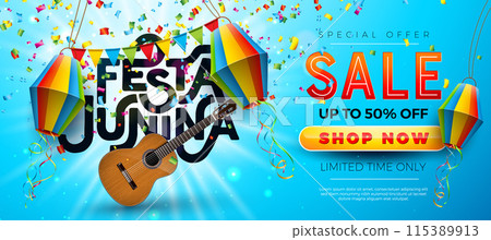Festa Junina Sale Promotional Business Illustration with Paper Lantern and Guitar on Sky Blue Background. Vector Special Offer Illustration for Coupon, Voucher, Banner, Flyer, Poster, Invitation or 115389913