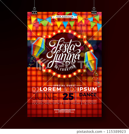 Festa Junina Party Flyer Design with Party Flags, Paper Lantern and Light Bulb Billboard on Red Checkered Background. Vector Brazil June Festival Illustration for Celebration Poster or Holiday 115389923