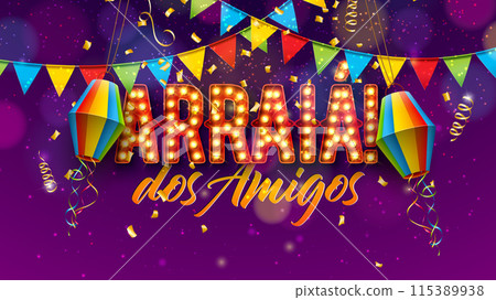 Festa Junina Illustration with Party Flags, Confetti and Arraia Light Bulb Billboard Letter on Purple Background. Vector Brazilian Sao Joao June Festival Design for Greeting Card, Banner or Holiday 115389938