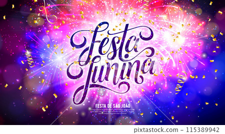 Festa Junina Celebration Banner Illustration with Typography Lettering on Glowing Fireworks Background. Vector Brazil June Sao Joao Festival Design for Greeting Card, Invitation Flyer or Poster. 115389942