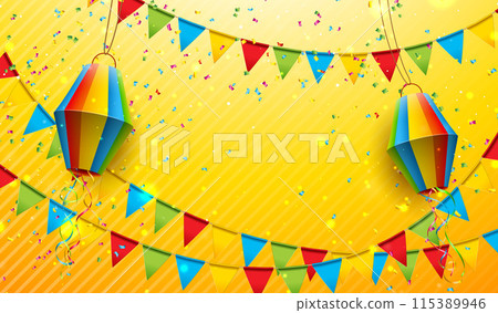 Festa Junina Sun Yellow Background Design with Colorful Party Flags and Paper Lantern. Vector Brazil June Traditional Saint John Holiday Festival Design for Celebration Banner, Greeting Card Festa Junina Sun Yellow Background Design with Colorful Party Flags and Paper Lantern. Vector Brazil June Traditional Saint John Holiday Festival Design for Celebration Banner, Greeting Card 115389946