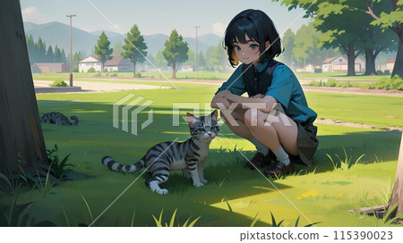 Girl playing with cat in the park 115390023