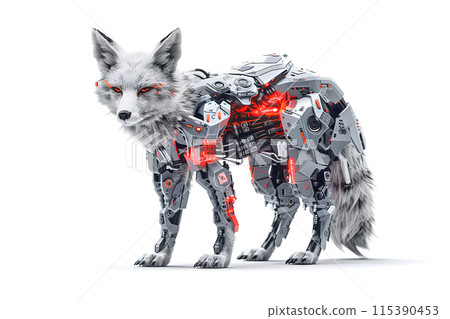 Futuristic rendering of an armored fox with robotic enhancements and glowing red accents, showcasing advanced technology and strength. Wildlife Animals. 115390453