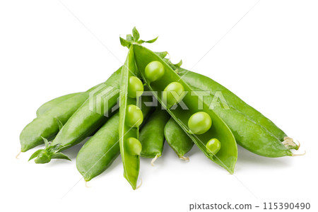 Heap of green peas pods close-up on white. Isolated Heap of green peas pods close-up on white. Isolated 115390490