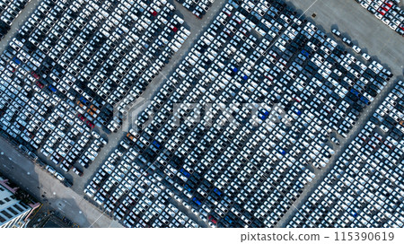 New cars cargo logistic transportation dealer shipping cars, Cars export terminal, New cars from the car factory parked at the port waiting for export large Ro Ro vehicle car carrier. New cars cargo logistic transportation dealer shipping cars, Cars export terminal, New cars from the car factory parked at the port waiting for export large Ro Ro vehicle car carrier. 115390619