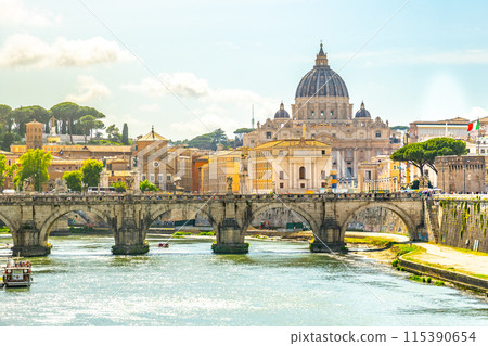 Beautiful postcard shot of Vatican City featuring the majestic St. Peter's Basilica and Tiber River. Rome, Italy 115390654