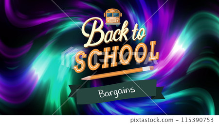 Image of back to school over colorful lights on black background Image of back to school over colorful lights on black background 115390753