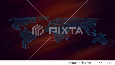 Image of world map and icons over dark red and black background 115390759