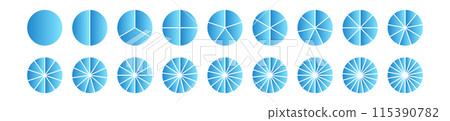 Pie chart with different segments in a circular diagram. wheel graph divided into parts and sections. Flat vector illustration isolated on white background. 115390782
