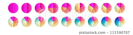 Pie chart with different segments in a circular diagram. wheel graph divided into parts and sections. Flat vector illustration isolated on white background. 115390787