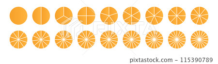 Pie chart with different segments in a circular diagram. wheel graph divided into parts and sections. Flat vector illustration isolated on white background. Pie chart with different segments in a circular diagram. wheel graph divided into parts and sections. Flat vector illustration isolated on white background. 115390789