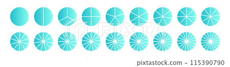 Pie chart with different segments in a circular diagram. wheel graph divided into parts and sections. Flat vector illustration isolated on white background. 115390790