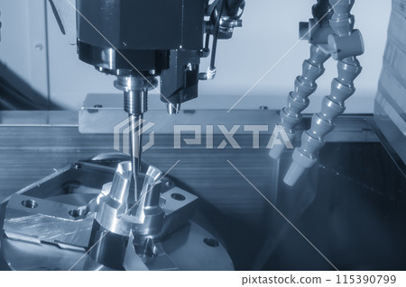 The 5-axis CNC milling machine cutting the automotive part with solid ball end mill tool. The 5-axis CNC milling machine cutting the automotive part with solid ball end mill tool. 115390799