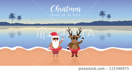 cute santa and deer with sunglasses on paradise beach summer christmas holiday vector illustration cute santa and deer with sunglasses on paradise beach summer christmas holiday vector illustration 115390973