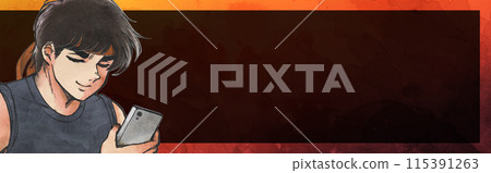 Retro style banner of a tough Showa era man looking at his smartphone Retro style banner of a tough Showa era man looking at his smartphone 115391263