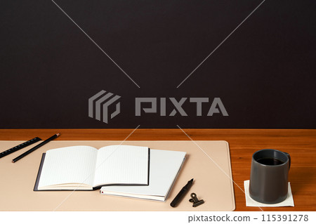 Notes and coffee on the desk mat 115391278