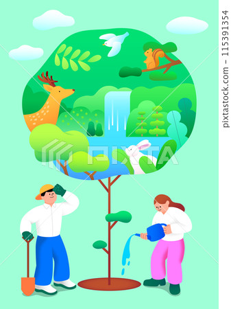 nature protected by tree-planting people and planted trees nature protected by tree-planting people and planted trees 115391354
