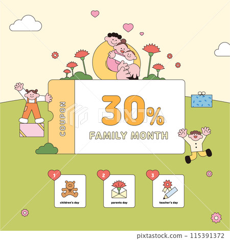 Illustration of Family Month with carnations and discount coupons embraced by families and children hurrah 115391372