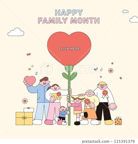 Dad, mom, baby, grandmother and grandfather are waving with carnations, boy and girl are making heart poses, notepad and balloon family month illustration with forest background Dad, mom, baby, grandmother and grandfather are waving with carnations, boy and girl are making heart poses, notepad and balloon family month illustration with forest background 115391379