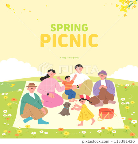 Illustration of a large family on a spring picnic with a mat on the grass Illustration of a large family on a spring picnic with a mat on the grass 115391420