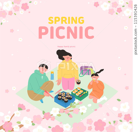 A family illustration of eating lunch boxes on a spring picnic outing on a mat on a cherry blossom day A family illustration of eating lunch boxes on a spring picnic outing on a mat on a cherry blossom day 115391426