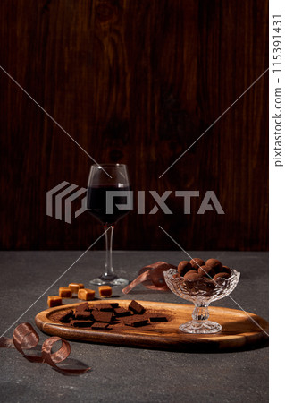 sweet homemade chocolate and wine sweet homemade chocolate and wine 115391431