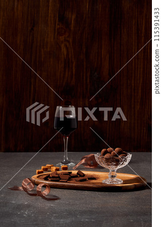 sweet homemade chocolate and wine 115391433