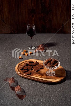 sweet homemade chocolate and wine 115391435