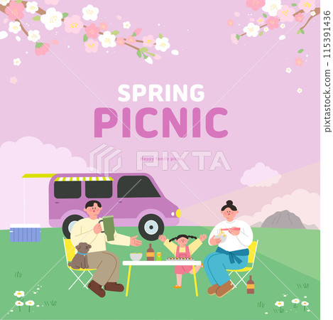 Family illustration enjoying a spring picnic while car camping under the cherry blossom tree 115391436