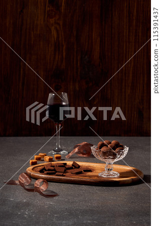 sweet homemade chocolate and wine 115391437