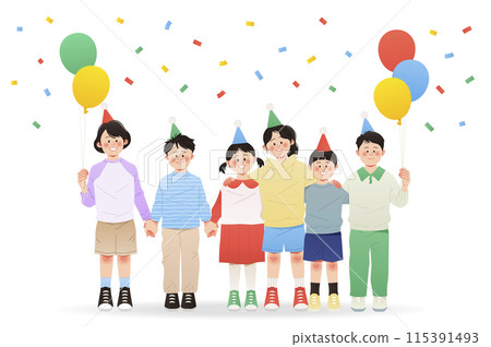Children with Balloons and Cone Hat Children with Balloons and Cone Hat 115391493