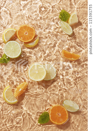a side of citrus fruit floating on the water a side of citrus fruit floating on the water 115391755