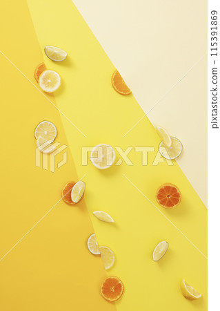 Citrus fruit cross section with various yellow-tone backgrounds 115391869