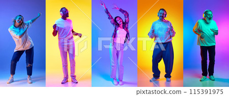 Happy young and elderly people in casual outfits listening to music in headphones and dancing against multicolored background in neon light Happy young and elderly people in casual outfits listening to music in headphones and dancing against multicolored background in neon light 115391975