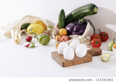 a variety of fresh salad vegetables and fruit ingredients 115391981