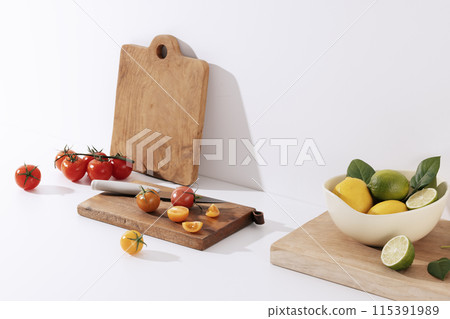fresh salad ingredients on wooden boards 115391989