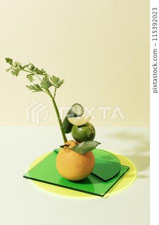 composition of yellow hallabong and green vegetables and fruits 115392023