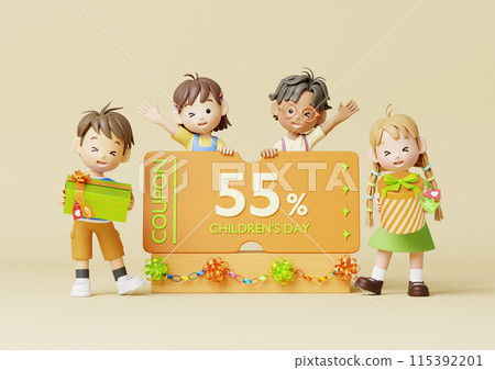 Happy kids with gift boxes and coupons 115392201