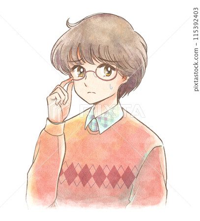 An 80s manga illustration of a childhood friend with glasses casting a suspicious eye 115392403