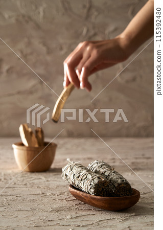 Palosanto and Smudge Stick in a Wooden Canister 115392480