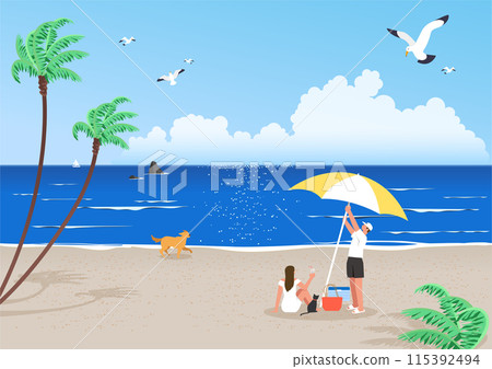 A woman and a man on a picnic at a windy resort beach 115392494