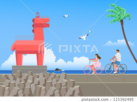 A man and a woman riding a bicycle at Ihoteu Beach in Jeju Island A man and a woman riding a bicycle at Ihoteu Beach in Jeju Island 115392495