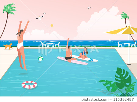 a man and a woman swimming in an indoor pool 115392497